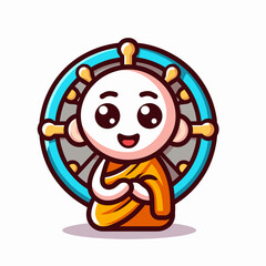 Fototapeta premium Cartoon monk smiling with Dharma wheel background 