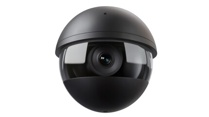 Fototapeta premium A white robot head with a black camera lens and red safety lights, isolated