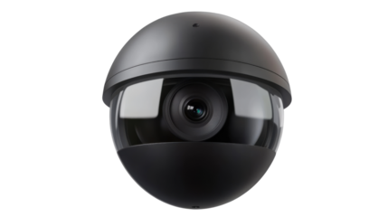 A white robot head with a black camera lens and red safety lights, isolated