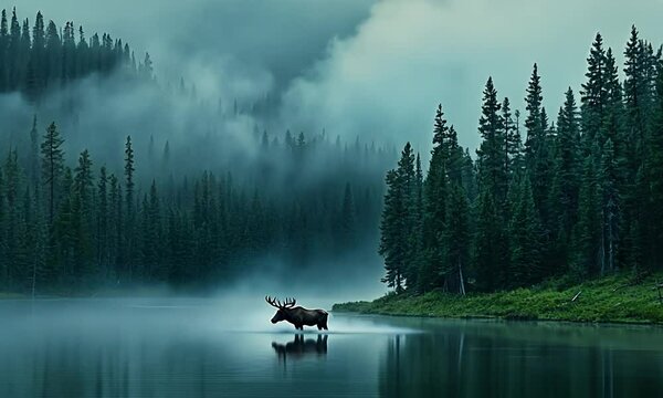 Majestic moose standing in a misty lake surrounded by towering evergreen trees at dawn