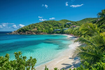 Naklejka premium Tranquil Turquoise Beach Scene with Lush Greenery and Hillside