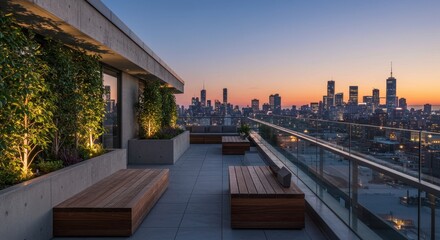 Obraz premium Stunning rooftop view showcasing city skyline at sunset with modern furniture and lush greenery in a sophisticated urban setting