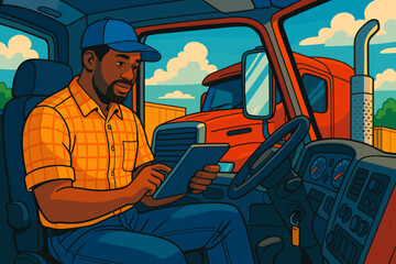 Truck Driver Checking Tablet Inside Red Vehicle  