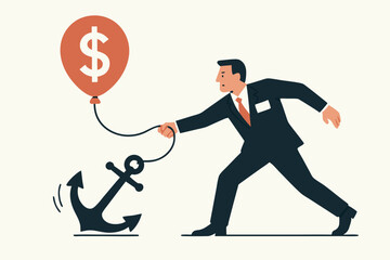 Government Official Struggling with Economic Weight: Businessman Dragging Dollar Balloon and Heavy Financial Anchor Metaphor for National Debt Crisis and Inflation Control in Minimalist Vector Style