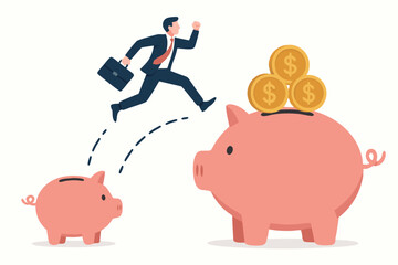 Businessman Jumping from Small to Large Piggy Bank with Golden Coins, Financial Growth Vector Illustration for Investment Planning, Savings Strategy, Wealth Management and Business Success