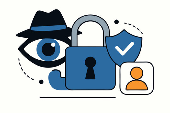 Flat illustration representing digital security, online privacy, and user data protection, featuring spy eye, padlock, verified shield, and profile icon for cybersecurity concepts.