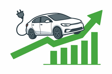 Electric Vehicle Profit Growth Concept: EV car rides an upward green arrow over an increasing bar chart, symbolizing market expansion, sales success, investment returns, and automotive trend.