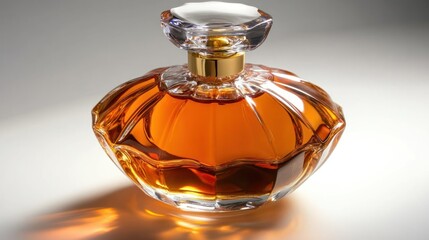 A decorative glass perfume bottle filled with amber liquid, showcasing elegance and luxury.