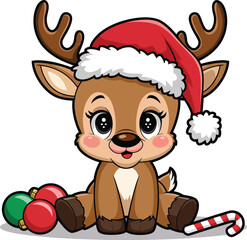Adorable Christmas Reindeer Cartoon with Santa Hat