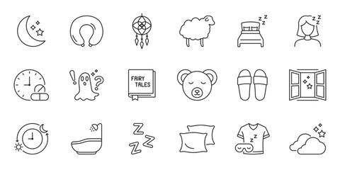 Sleep And Relaxation Line Icon Set. Nighttime Routine, Restful Sleep, And Dream Symbol Collection. Includes Moon, Pillow, Sleep Mask, And More. Editable Stroke. Isolated Vector Illustration
