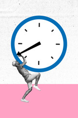 Creative collage featuring a colorful clock with a human figure imagining time concepts, evoking...