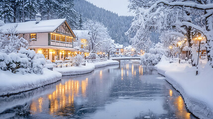 Serene Winter Landscape with Snow-Covered House and Icy Channel