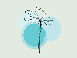 Abstract Single Line Flower Drawing with Blue Watercolor Circles