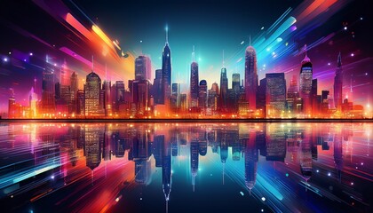 Obraz premium Vibrant Cityscape Reflection in Sparkling Water at Night