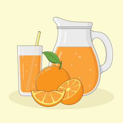 Glass with a straw and jug with orange juice. Fresh summer drink vector illustration.