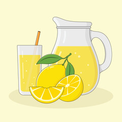 Glass with a straw and jug with lemonade. Fresh summer drink vector illustration.