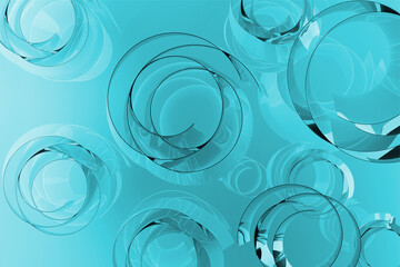 Abstract colorful background - pattern of bubbles, curls, circles of light blue, aqua blue glossy metallic plastic with dynamic, calm, relax, art vibe for business, science, medicine. 3D rendering.