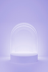 3D realistic podium background - one violet cylindrical podium on light gradient violet white. Luminous shining arch decor, mockup, 3d rendering. Stage for placement product, presentation pedestal.