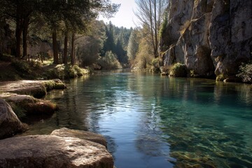 Fototapeta premium River Landscape with Rock Cliff and Trees