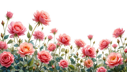 A stunning watercolor illustration of pink roses on a transparent background, ideal for floral design and decoration. Concept of nature and beauty.