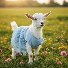 Obraz premium Cute baby goat wearing a blue dress and glasses standing in a sunny spring field