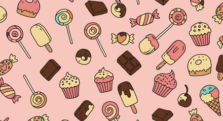 Whimsical delight seamless pattern featuring cheerful hand drawn candy treats