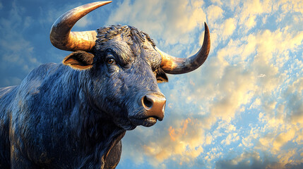 Naklejka premium Majestic Bull Standing Against a Dramatic Sky at Sunset