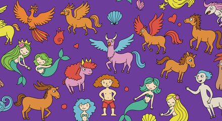 Fototapeta premium Whimsical Creature Pattern: Seamless Cartoon Horses, Mythical Beings, and Mermaids on a Violet Background