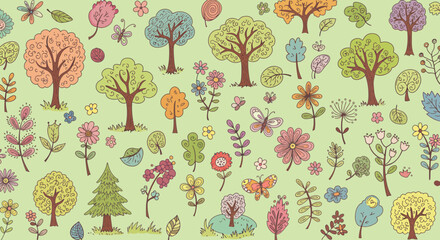 Playful springtime forest design with trees, flowers and butterflies background