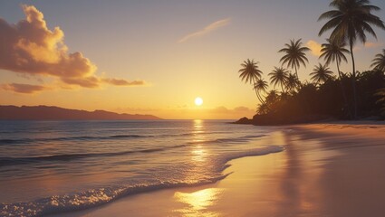 tropical beach at sunset.