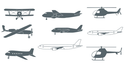 Diverse Aviation Icons: A Collection of Aircraft and Helicopters in Silhouette
