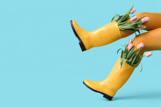 Legs of woman in gumboots with tulips on blue background