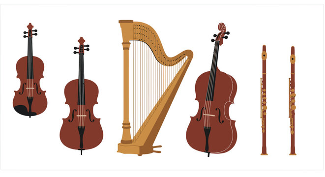 Elegant symphony of stringed and wind instruments on a crisp white canvas