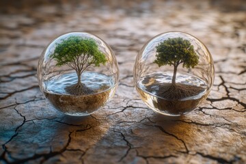 Two Trees in Glass Spheres on Dry Cracked Earth