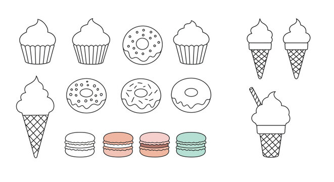 Delightful confectionery outline assortment featuring ice cream, donuts, cupcakes and macaroons
