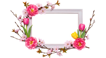 Floral Frame with Tulips & Blossoms, Transparent Background Image