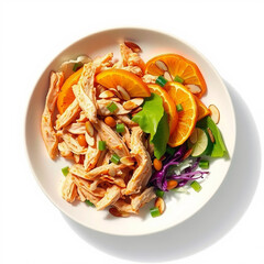 Shredded Chicken Salad with Orange Slices and Almonds on White Background