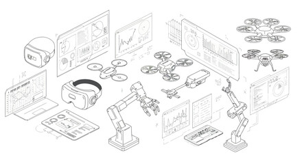 Isometric blueprint illustration showcasing future technologies and robotic systems