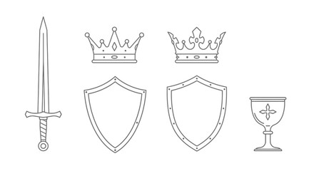 Heraldic elements in line art: Crowns, shields, sword and chalice illustration
