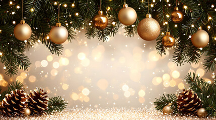 Elegant Golden Christmas Ornaments and Pine Cones with Lights