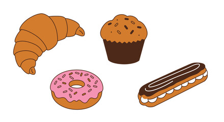Cartoon Pastries: Croissant, Muffin, Donut, and Eclair on White