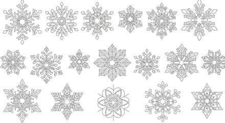Intricate Snowflake Sketch Collection for Winter Holidays and Christmas Decoration