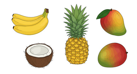 Tropical paradise illustration featuring vibrant bananas, pineapple, mango and coconut