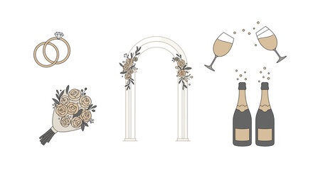 Elegant Wedding Icon Set: Rings, Arch, Bouquet, Champagne