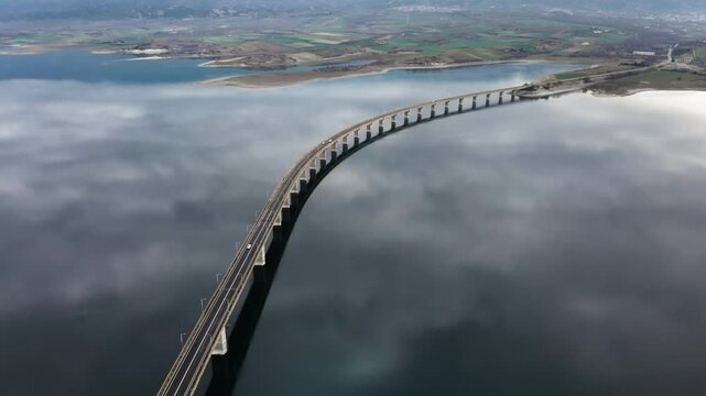 Stunning Wide Aerial of Lake Polyfytos and Servia High Bridge