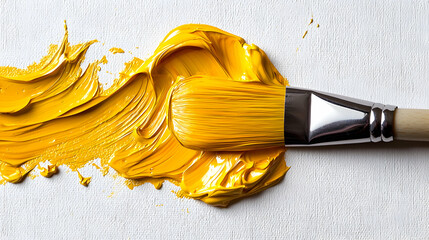 Bright Yellow Paint Brush Stroke on White Canvas Surface