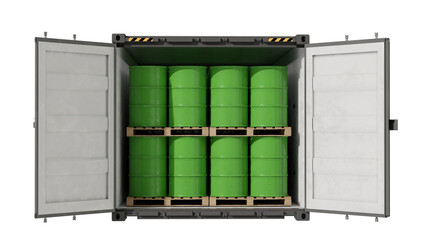 Shipping container containing green crude oil barrels on wooden pallets. Logistics of petroleum transport. Isolated on a transparent background. 3D illustration.