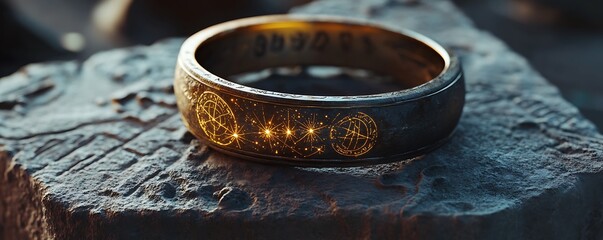 Excavated lost civilization ring with radiant celestial engravings resting on a textured stone tablet Ultra-detailed dynamic contrast