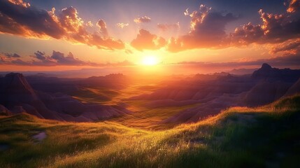 Obraz premium Majestic sunset landscape golden hour dramatic hills scenic view sky red rays calm light grass field