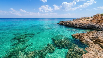Obraz premium Serene Coastal Landscape with Crystal Clear Water and Rocky Shoreline Under Bright Blue Sky